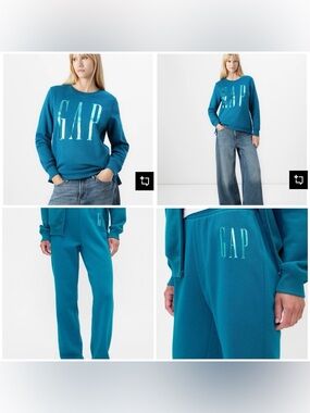 NWT $110 GAP Women XS S Teal Logo Sweatshirt and Sweat Pants Set comfy stylish